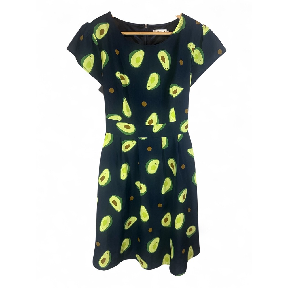 LA Soul Avocado Print Fit Flare Dress Navy Blue Short Sleeve Size M Novelty